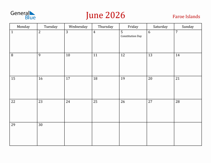 Faroe Islands June 2026 Calendar - Monday Start