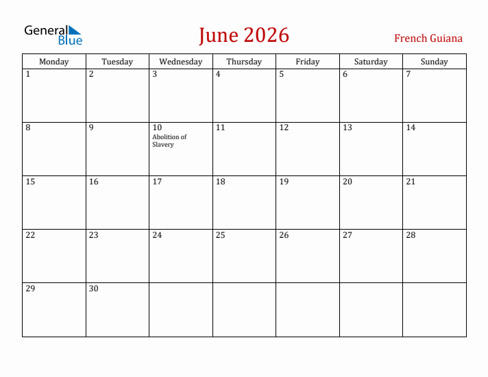 French Guiana June 2026 Calendar - Monday Start