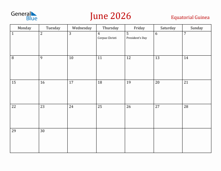 Equatorial Guinea June 2026 Calendar - Monday Start