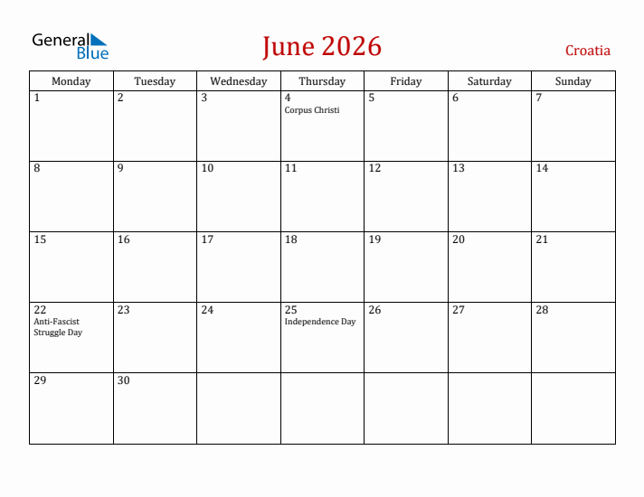 Croatia June 2026 Calendar - Monday Start