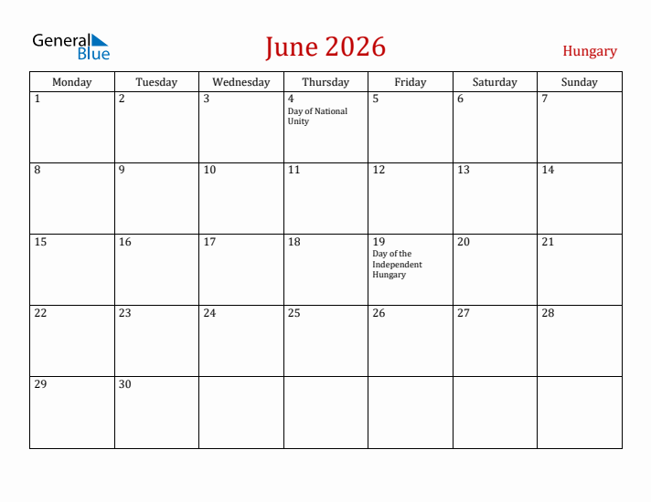 Hungary June 2026 Calendar - Monday Start