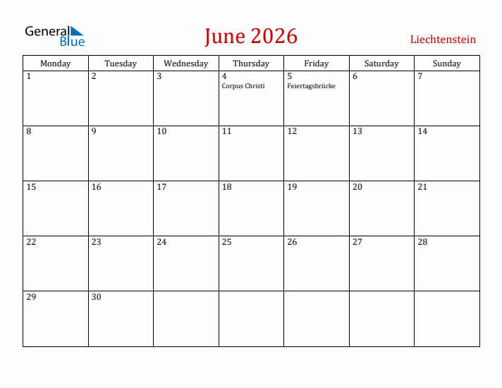 Liechtenstein June 2026 Calendar - Monday Start