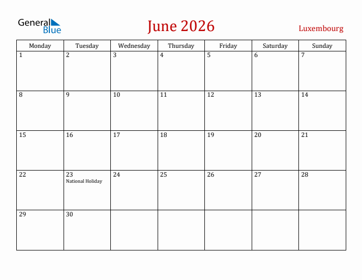 Luxembourg June 2026 Calendar - Monday Start