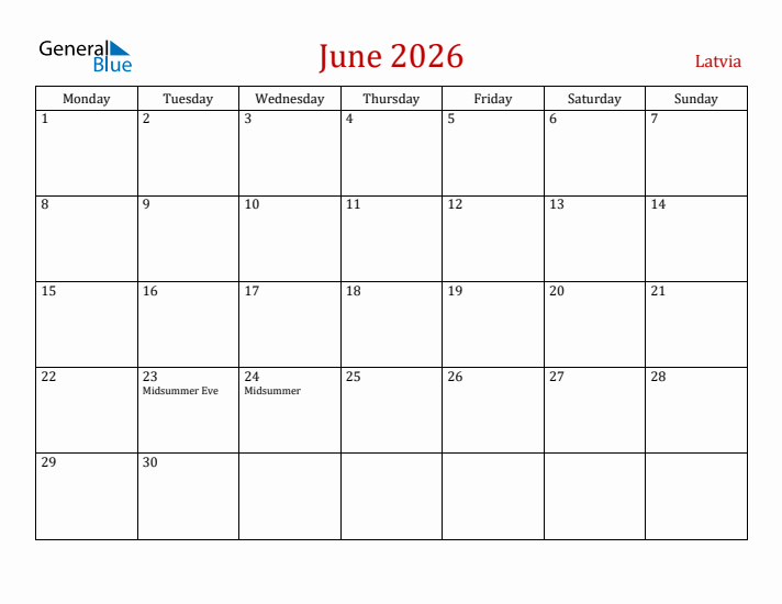Latvia June 2026 Calendar - Monday Start