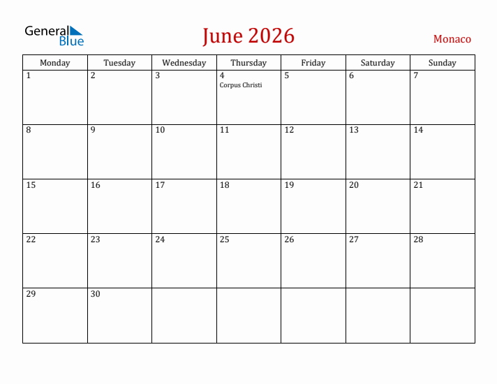 Monaco June 2026 Calendar - Monday Start