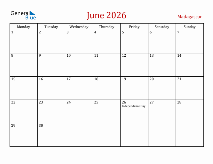 Madagascar June 2026 Calendar - Monday Start
