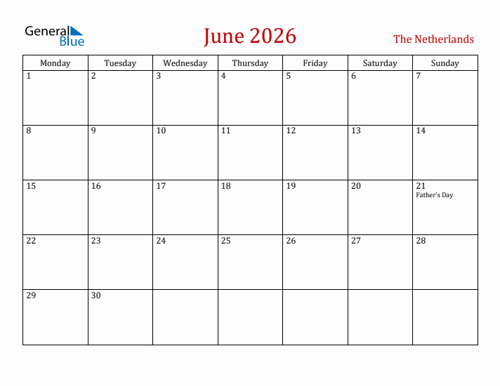 The Netherlands June 2026 Calendar - Monday Start