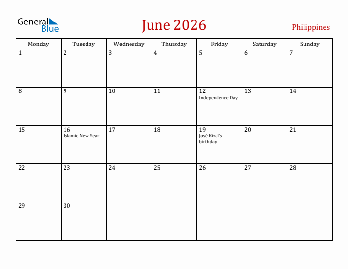 Philippines June 2026 Calendar - Monday Start