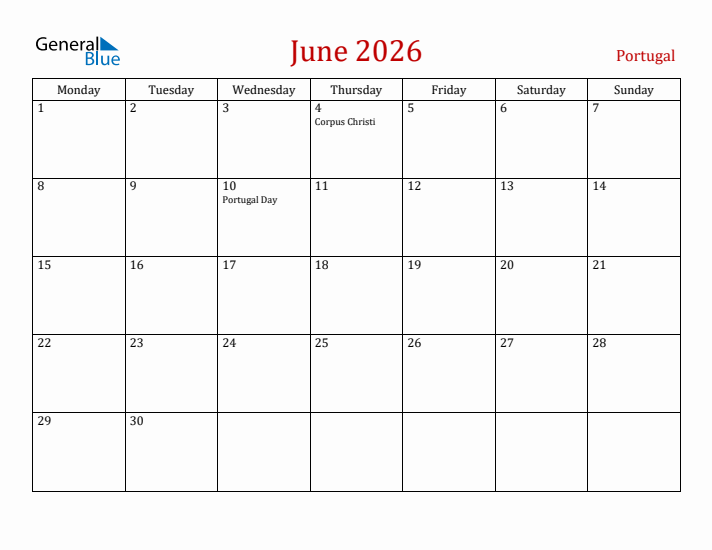 Portugal June 2026 Calendar - Monday Start