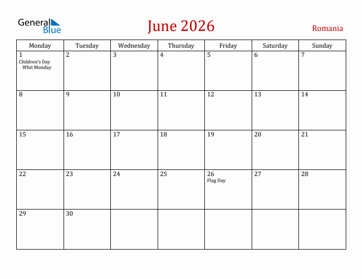 Romania June 2026 Calendar - Monday Start