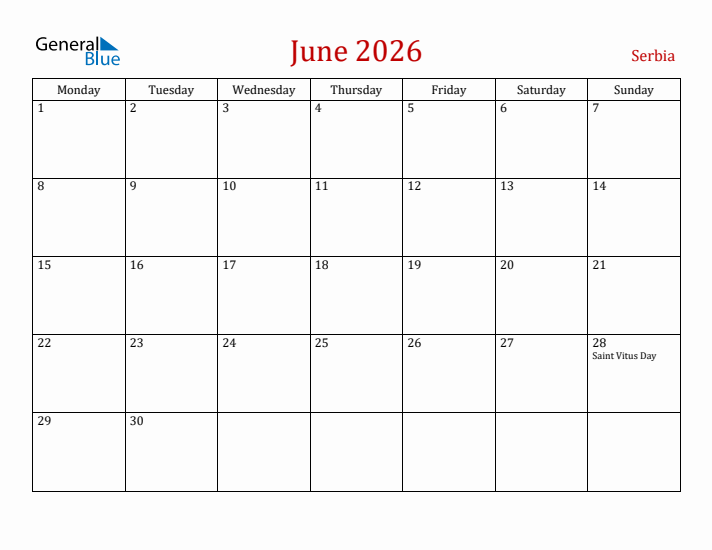 Serbia June 2026 Calendar - Monday Start