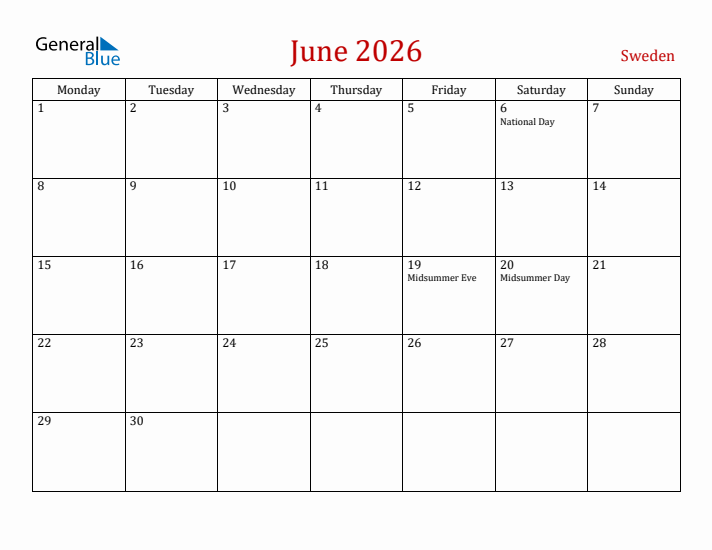 Sweden June 2026 Calendar - Monday Start