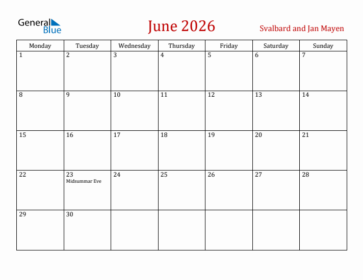 Svalbard and Jan Mayen June 2026 Calendar - Monday Start