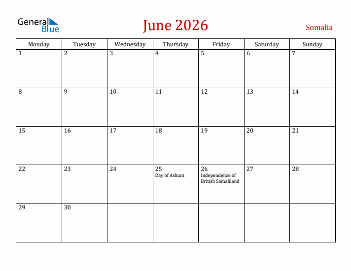 Somalia June 2026 Calendar - Monday Start
