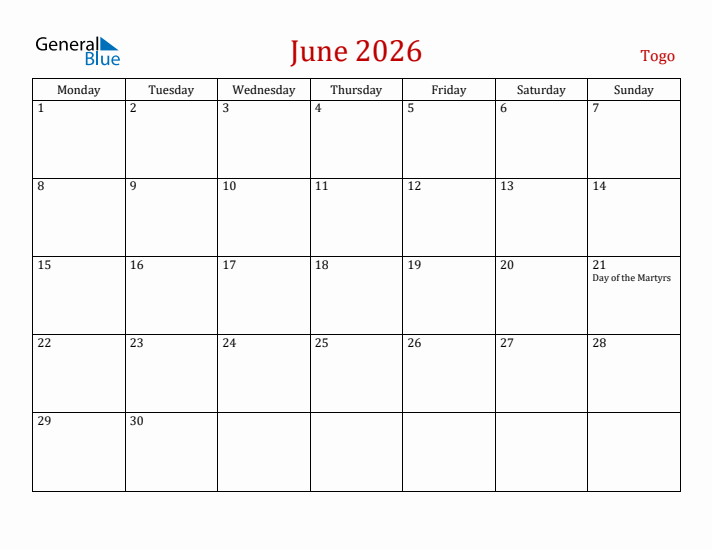 Togo June 2026 Calendar - Monday Start