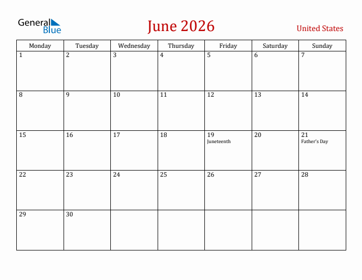 United States June 2026 Calendar - Monday Start