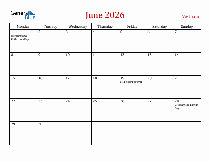 Vietnam June 2026 Calendar - Monday Start
