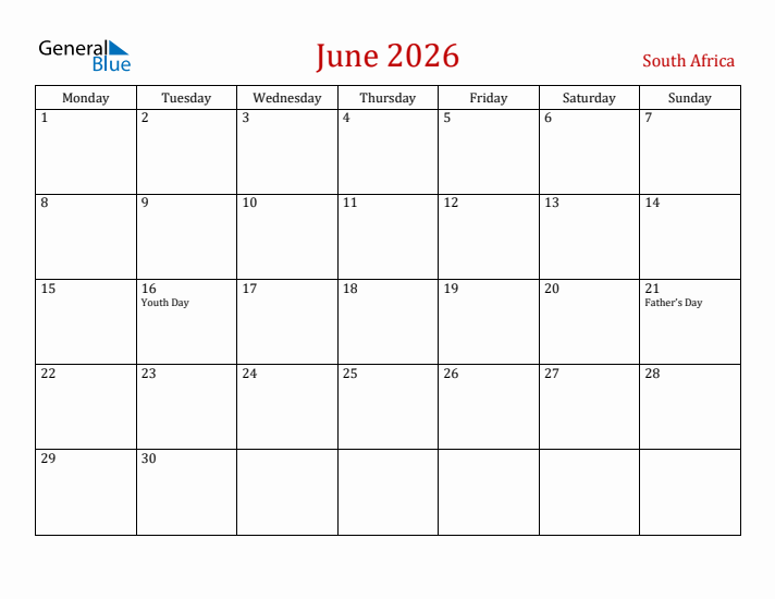 June 2026 South Africa Monthly Calendar With Holidays