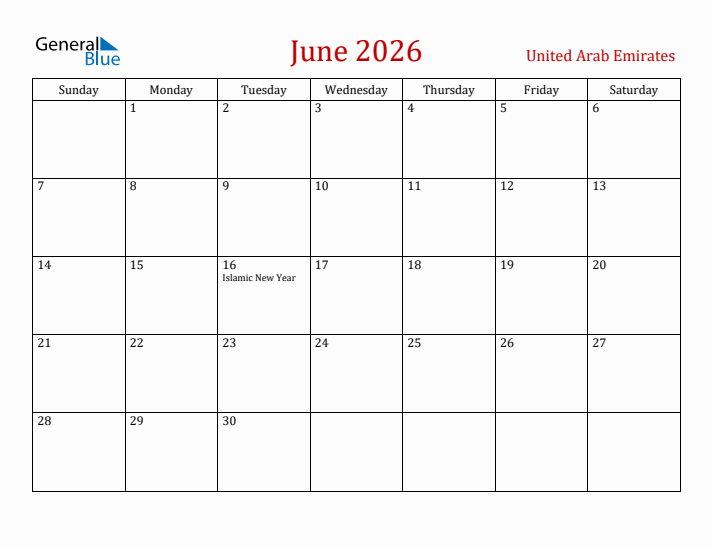 United Arab Emirates June 2026 Calendar - Sunday Start