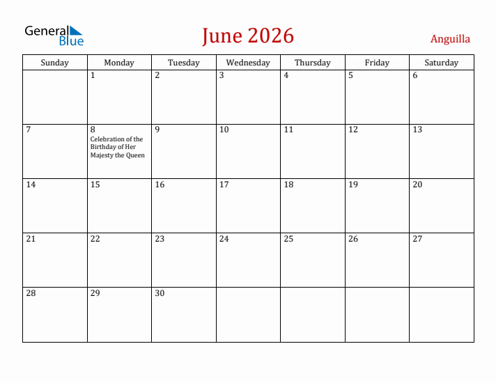 Anguilla June 2026 Calendar - Sunday Start