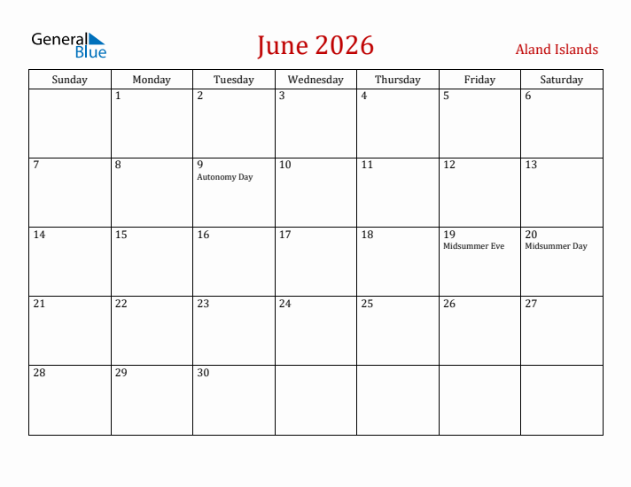 Aland Islands June 2026 Calendar - Sunday Start
