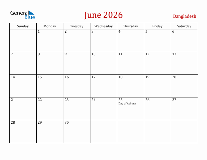 Bangladesh June 2026 Calendar - Sunday Start