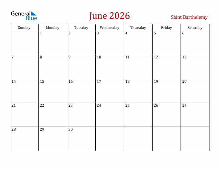 Saint Barthelemy June 2026 Calendar - Sunday Start