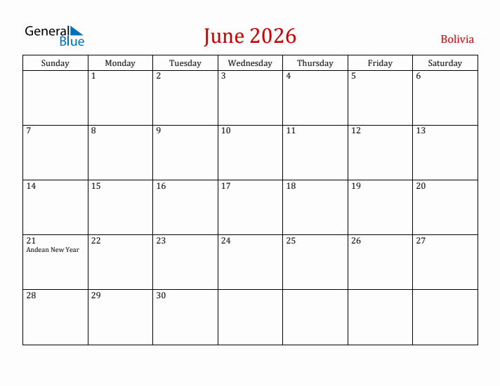 Bolivia June 2026 Calendar - Sunday Start
