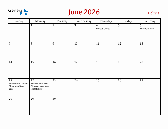 Bolivia June 2026 Calendar - Sunday Start