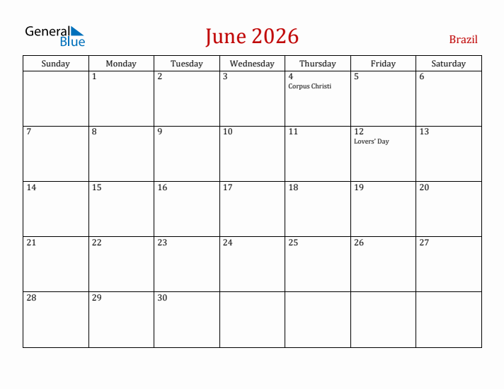 Brazil June 2026 Calendar - Sunday Start