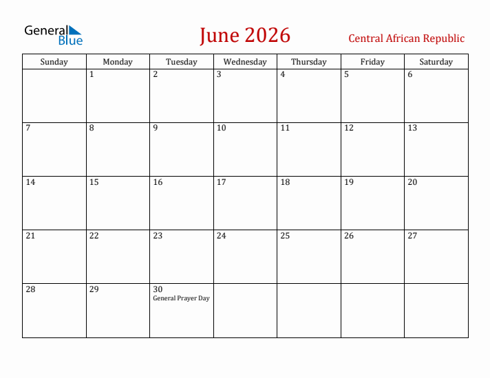 Central African Republic June 2026 Calendar - Sunday Start