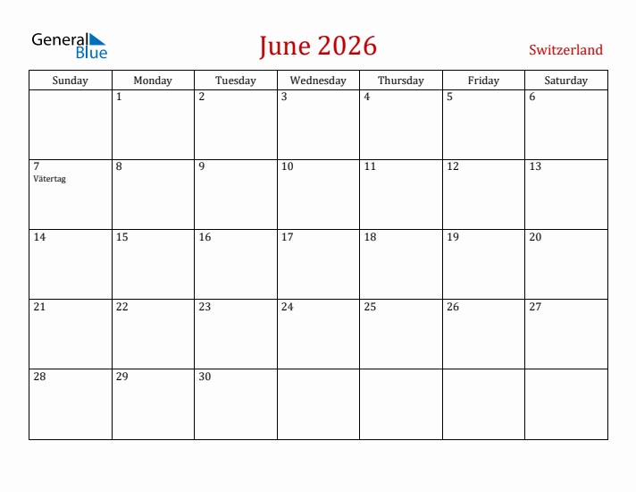 Switzerland June 2026 Calendar - Sunday Start