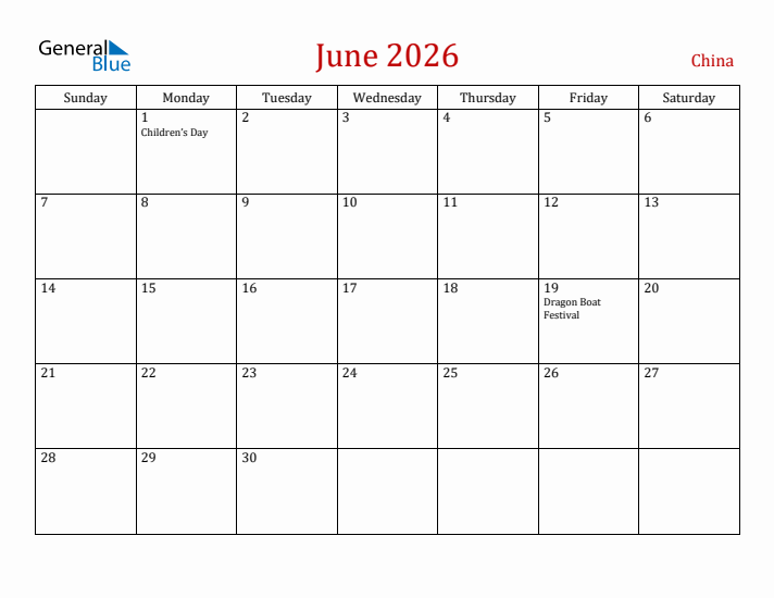 China June 2026 Calendar - Sunday Start