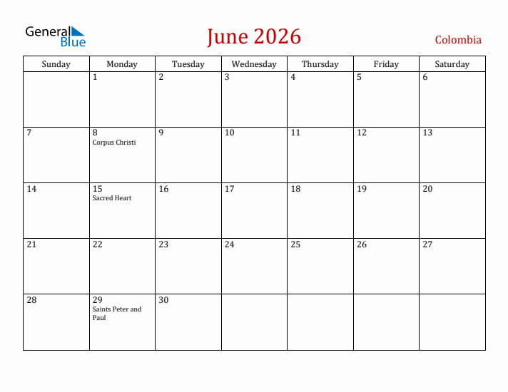 Colombia June 2026 Calendar - Sunday Start