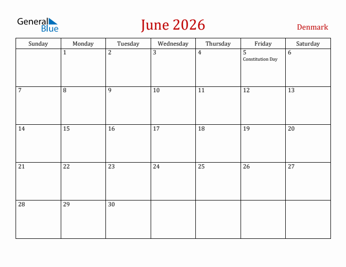 Denmark June 2026 Calendar - Sunday Start