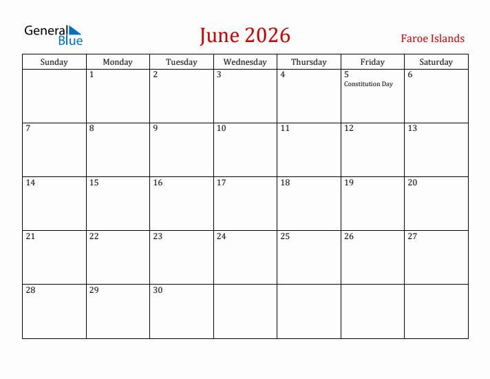 Faroe Islands June 2026 Calendar - Sunday Start