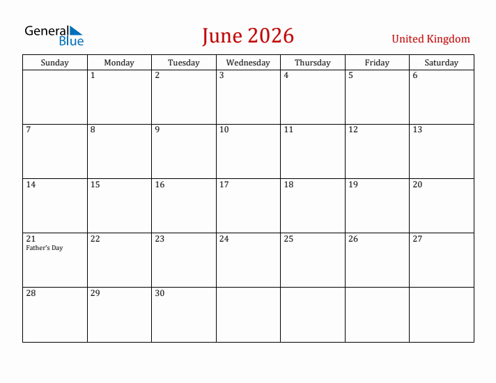 United Kingdom June 2026 Calendar - Sunday Start