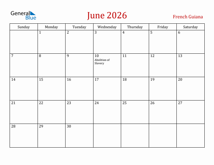 French Guiana June 2026 Calendar - Sunday Start
