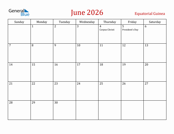 Equatorial Guinea June 2026 Calendar - Sunday Start