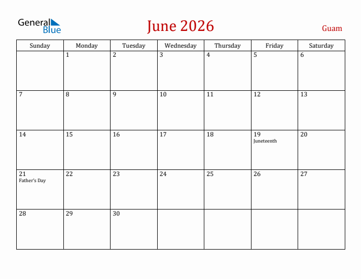 Guam June 2026 Calendar - Sunday Start
