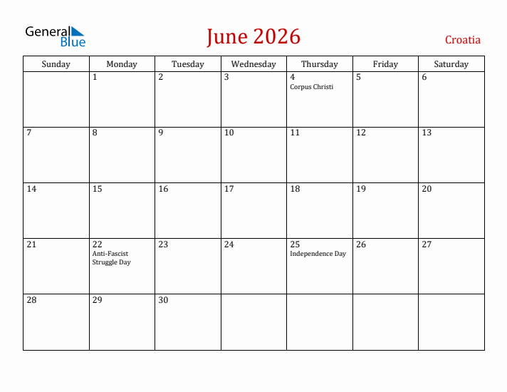 Croatia June 2026 Calendar - Sunday Start