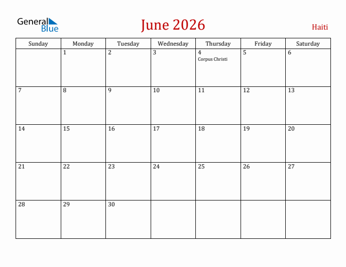 Haiti June 2026 Calendar - Sunday Start