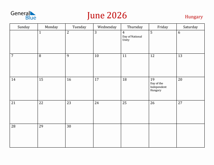 Hungary June 2026 Calendar - Sunday Start