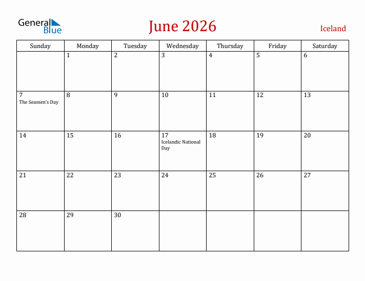Iceland June 2026 Calendar - Sunday Start