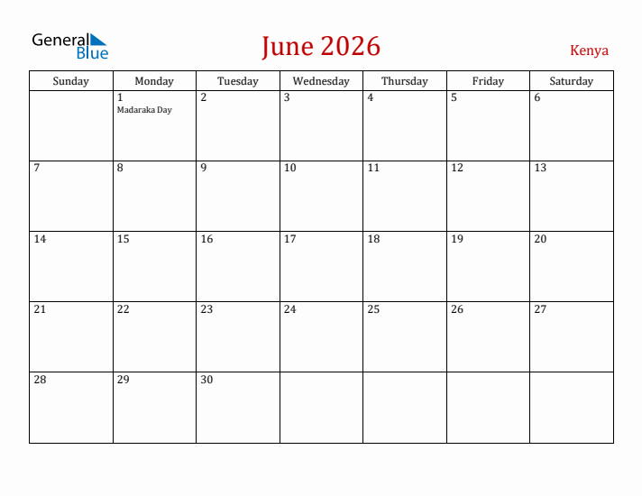 Kenya June 2026 Calendar - Sunday Start