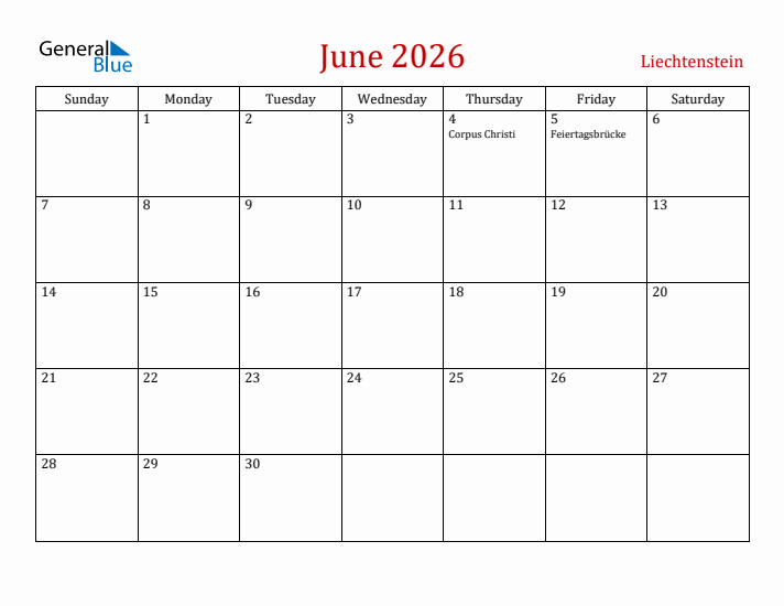 Liechtenstein June 2026 Calendar - Sunday Start
