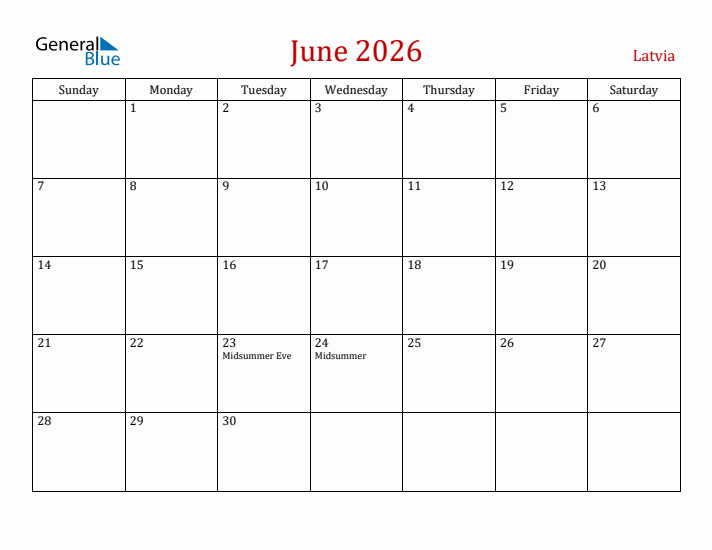 Latvia June 2026 Calendar - Sunday Start