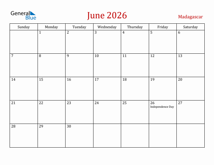 Madagascar June 2026 Calendar - Sunday Start