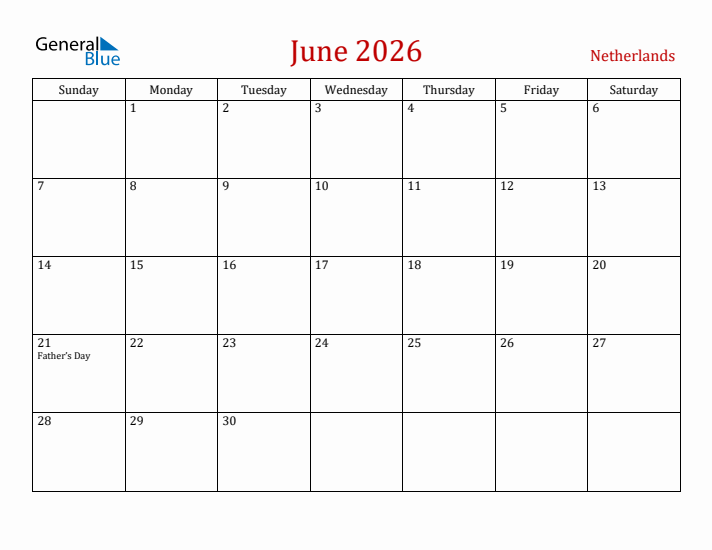 The Netherlands June 2026 Calendar - Sunday Start