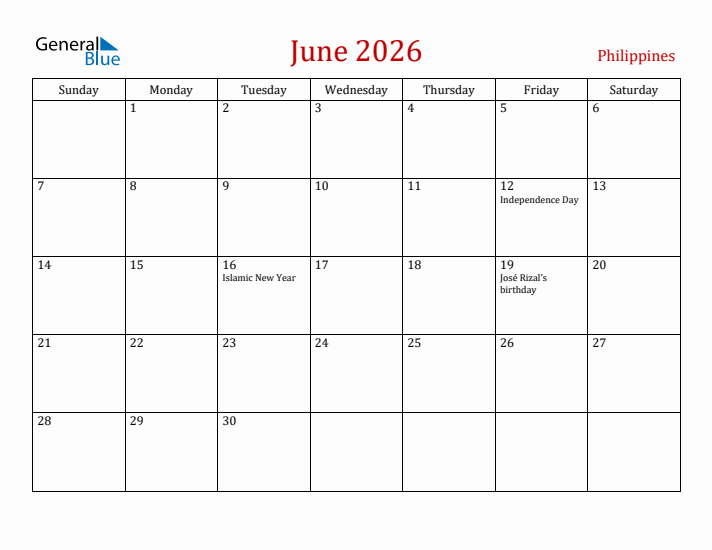 Philippines June 2026 Calendar - Sunday Start